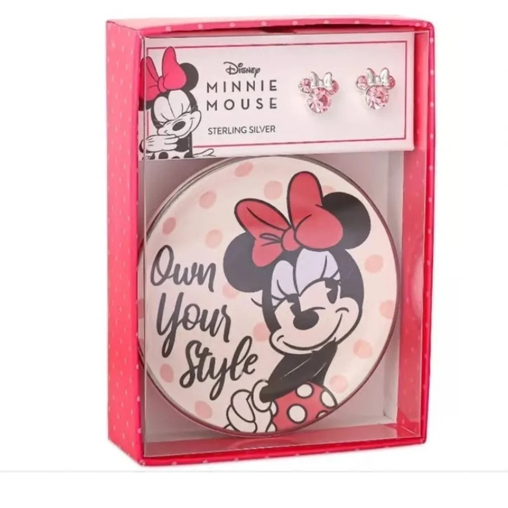 Disney New Minnie Mouse Sterling Silver 925 pink crystal earrings dish gift